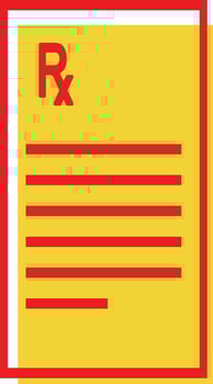 Flat illustration of a medical prescription document with Rx symbol in red and yellow, representing doctors prescription, healthcare services, and pharmaceutical documentation. Ideal for medical vector