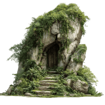 Fantasy Stone Cave with Moss and Greenery Isolated on Transparent Background png