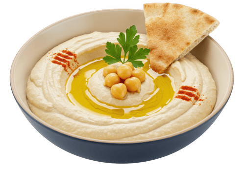 Creamy hummus dish with chickpeas parsley olive oil and pita bread isolated on transparent background png