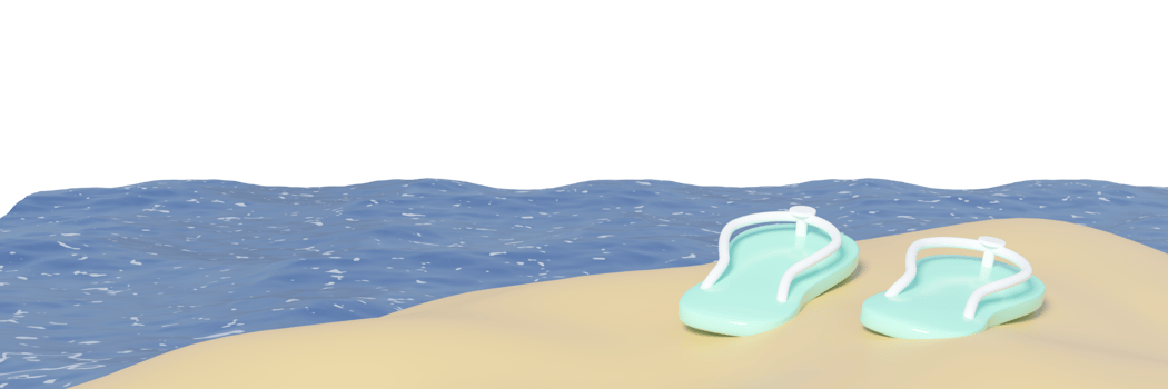 Cute 3D illustration of a pair of mint green flip-flops on a sandy beach by blue sea waves. Perfect for summer, vacation, and travel themes. png