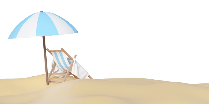 3D render of a striped blue and white beach umbrella and a matching deck chair with a towel on sand dunes Isolated, perfect for summer vacation and holiday concepts. png
