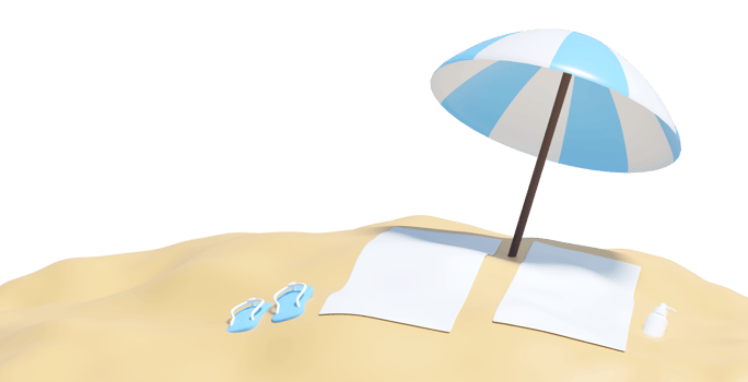 3D render of a minimalist beach scene featuring a blue and white striped umbrella, two white towels, blue flip-flops, and a sunscreen bottle on golden sand against, copy space. png