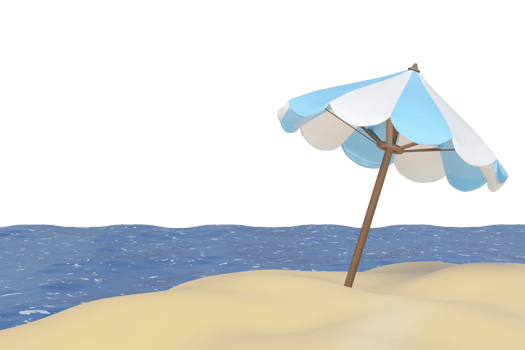 A cheerful 3D rendered beach scene with a blue and white umbrella on golden sand by calm blue ocean waves, Ideal for summer holidays, vacation, and travel themes. png