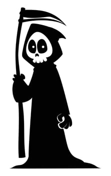 Grim reaper character silhouette with a scythe, a skull for a head, and a dark cloak. Cartoon illustration vector