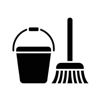 A black silhouette shows a bucket and brush on white background symbol vector