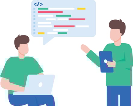 A flat style illustration showing a person discussing code vector