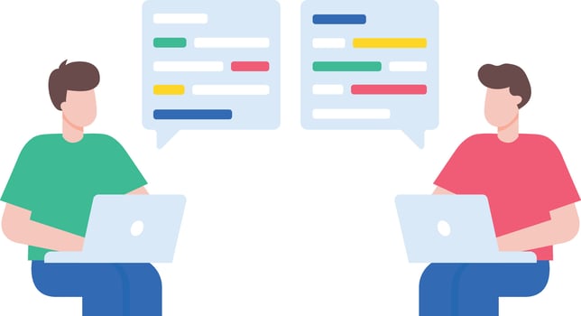 A flat style illustration showing a person doing code discussion vector