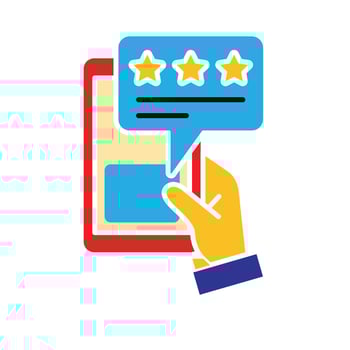 Review icon. E-commerce. Message bubble with stars coming out of a phone in hand. market, sale, buy. flat design style. vector