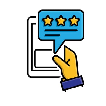 Review icon. E-commerce. Message bubble with stars coming out of a phone in hand. market, sale, buy. mixed design style. vector