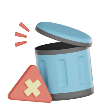 Empty blue trash can with open lid and red warning icon 3d icon design png