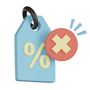 Discount empty states 3d icon with cancel symbol in red circle and blue tag showing no percentage offer or sale concept png