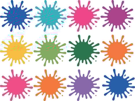 Twelve colorful paint splatters in a grid on white background ink splatter splash vector