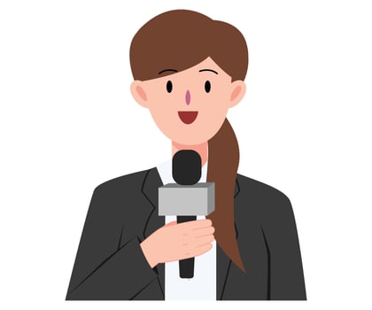Female reporter or journalist holding microphone to report news on television and live. Character design and illustration vector