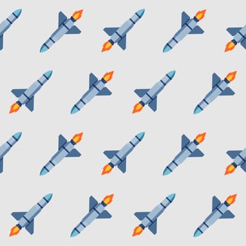 Seamless pattern of flat design rockets with flames, on a light background. Space exploration and tech themes. For wallpapers, textiles, or backgrounds. vector