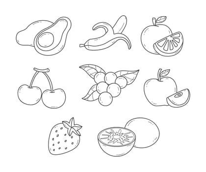Set of Fruit Outline Set Collection, Set of fruit Line Art juice doodle. avocado, banana, orange, cherry, grape, apple, blueberry, strawberry and kiwi juice, made fresh and sweet. Illustration vector