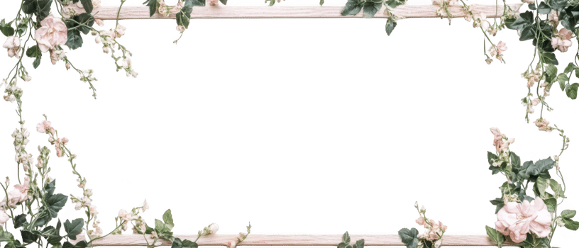 wooden frame adorned with soft pastel flowers and green leaves creates charming cottagecore aesthetic. delicate floral arrangement adds touch of nature and elegance to design png