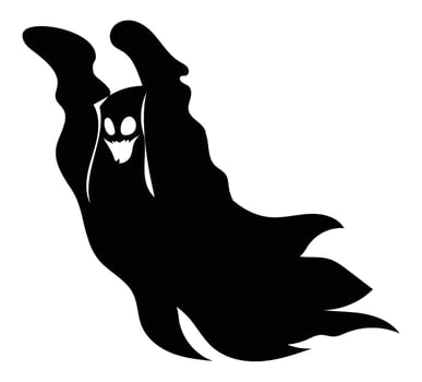 Black silhouette of a spooky flying ghost with an evil grin. Great for Halloween designs and party invitations. Cartoon illustration vector