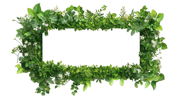 lush green rectangular frame made of various leaves and small white flowers, creating eco friendly and natural border. vibrant foliage adds fresh and organic touch to design png