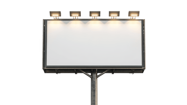 large highway billboard with mounted lights on tall metal frame stands prominently, ready for advertising. blank white surface is illuminated by five bright lights, making it visible at night png