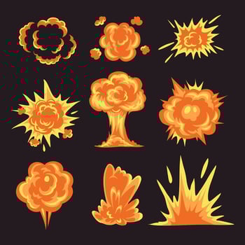 Set of Bomb Explode Collection, Smoke Explosion Effect Transition Cartoon. Boom fiery blasts, and comic style explosion effects. Colorful and dynamic in orange, yellow. vector