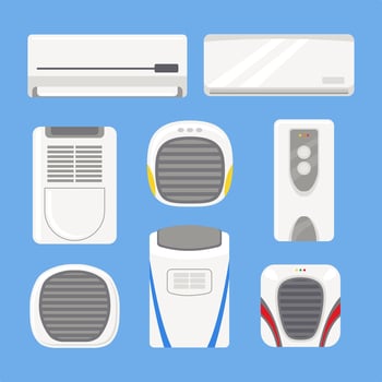 Set of Air Conditioner Set Collection, Set of Cooling Fan, Includes wall-mounted AC units, portable air coolers, and modern air conditioning designs. smart home app. vector