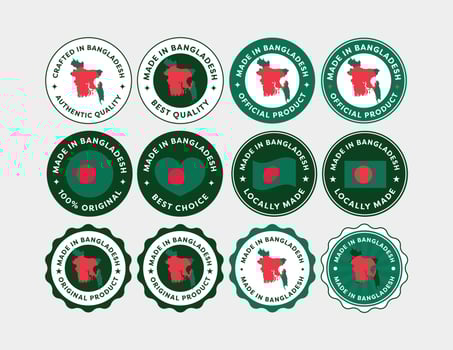 A collection of Made in Bangladesh product labels in various shapes and styles. Ideal for manufacturing, packaging, branding, export, and business use vector