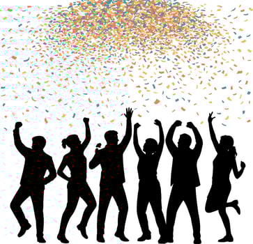 Silhouettes of people celebrating with falling confetti celebration party vector