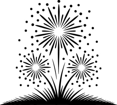 Black and white graphic of three stylized fireworks exploding with dots explosion celebration vector