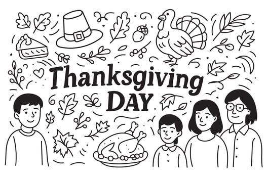 Thanksgiving Day Family Celebration with Food and Festivities in a Fall Theme vector
