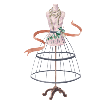 Vintage dressmaker mannequin with eucalyptus branch and red ribbon. Watercolor illustration of female dummy or hoopskirt. For sewing blogs, master classes, for designing sewing products, haberdashery. png