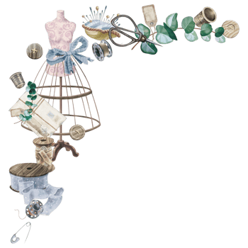 Corner frame made from sewing supplies and eucalyptus leaves. Watercolor Illustration of a frame made from tailoring Items and foliage. For sewing blogs, master classes, articles, galangteries. png