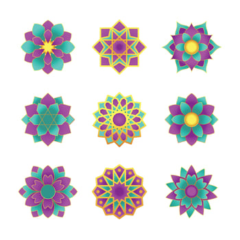 Set of Geometric Islamic Flower Mandala Object. Isolated Arabic Traditional Art Decoration Floral Arabesque Pattern for print, poster, cover, brochure, flyer, banner. vector