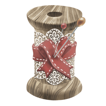 Wooden Spool and pins. Watercolor illustration of wooden spool with lace and ribbon around. For haberdashery, master classes, sewing blog or website design. Printing stickers or postcards png