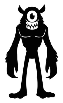 Cute cartoon monster character with horns and one big eye silhouette. Happy funny furry creature with sharp teeth. Illustration vector