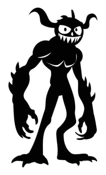Cute cartoon monster character with horns and angry eyes silhouette. Funny scary creature with sharp teeth and claws. Illustration vector