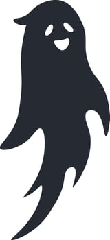 Dark silhouette of a friendly, smiling ghost floating gracefully against a bright white background, perfect for Halloween themed projects and whimsical spooky designs vector