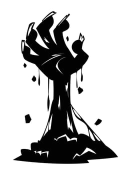 Silhouette of a spooky and scary zombie hand with blood dripping and rising from the ground. Cartoon illustration vector