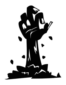 Silhouette of a spooky and scary zombie hand rising from the ground. Cartoon illustration vector