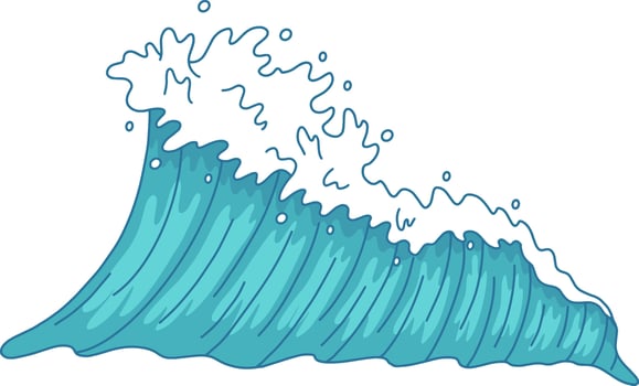 Cartoon illustration of a big ocean wave splashing and breaking with foam, representing concepts like surfing, tsunami, power of nature, travel, and vacation vector