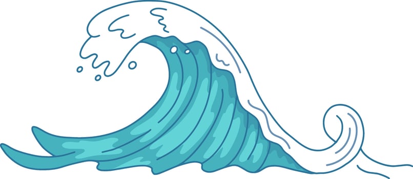 Cartoon illustration depicting a large ocean wave curling and splashing foam on a bright, sunny day, ideal for summer and surf themed projects, evoking a sense of adventure and fun vector