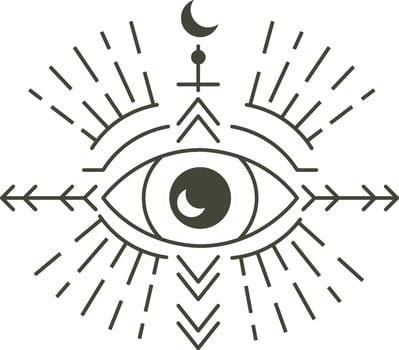 Eye of Providence featuring a moon and arrows, radiating light alongside mystical symbols, creating an enchanting atmosphere filled with spiritual and esoteric elements vector