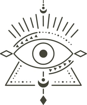 Linear drawing of an eye within a triangle radiating light, adorned with esoteric geometric shapes like moons and rhombuses, embodying spirituality and mysticism vector