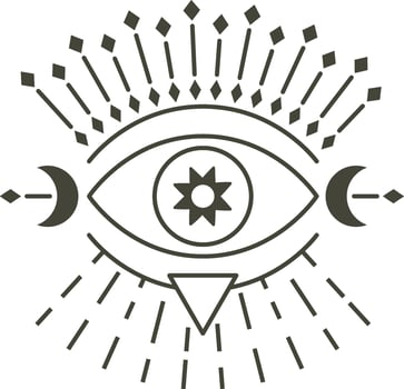Esoteric eye of providence with sun and moon ornaments radiating light beams and diamonds, representing spiritual enlightenment, mystical vision, and divine guidance vector