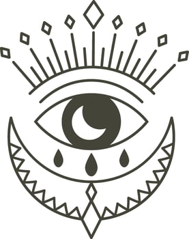 Minimalist esoteric linear drawing featuring an all seeing eye shedding tears within a crescent moon, embellished with diamonds and stylized sunbeams, reflecting spirituality and intuition vector