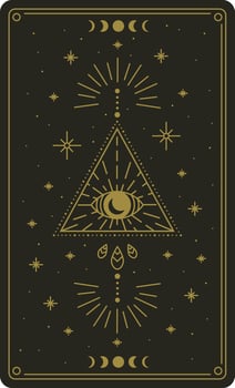 Golden esoteric drawing representing a tarot card with an eye inside a triangle, moon phases, stars, and radiating light beams, creating a mystical and magical atmosphere vector