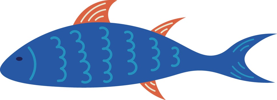 Simple and vibrant illustration of a blue fish swimming, featuring stylized orange fins and wavy lines on its body, creating a modern and minimalist design suitable for various projects vector