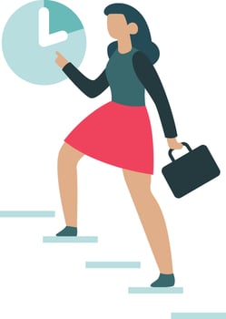 Businesswoman climbing stairs while holding a briefcase and pointing at a clock, representing efficient time management, career advancement, and the pursuit of professional success vector