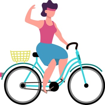 Young woman joyfully waving with one hand while riding a light blue bicycle featuring a yellow basket, embracing the freedom of a leisurely ride through the urban landscape vector