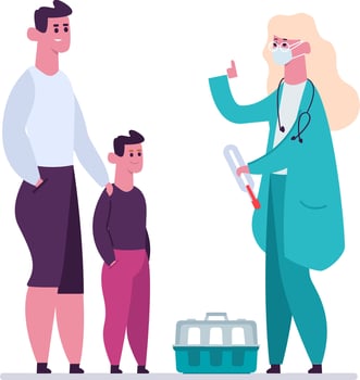Veterinarian wearing a face mask and holding a thermometer is welcoming a father and son, ready for a pet examination with their carrier. Engaging in a caring consultation vector