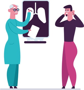 Senior doctor pointing at radiography of lungs explaining diagnosis to worried patient covering ears with hands, healthcare and medical examination concept vector